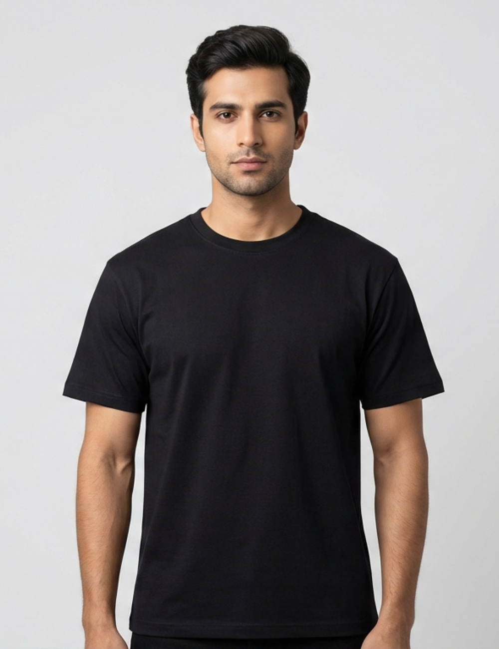 Cotton Rich Solid Half Sleeve Round Neck T-Shirt - Black