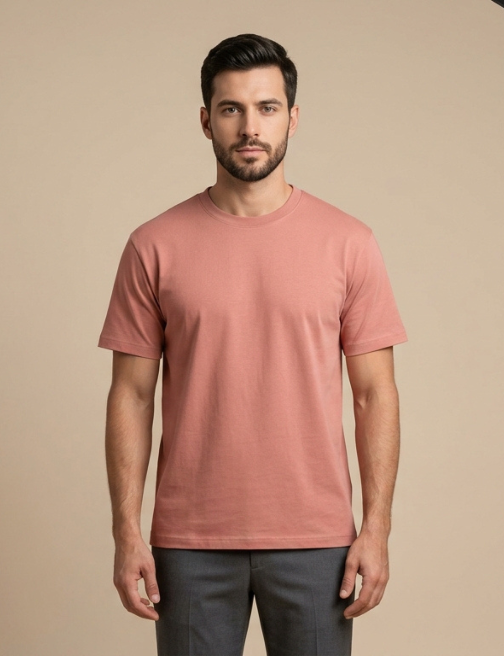 Cotton Rich Solid Half Sleeve Round Neck T-Shirt - Dusty Rose