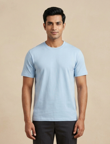 Cotton Rich Solid Half Sleeve Round Neck T-Shirt - Cool Blue