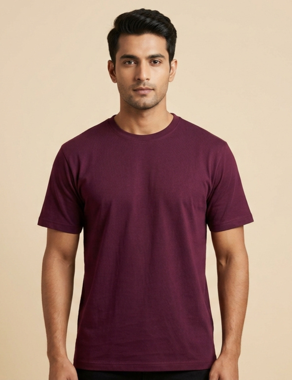 Cotton Rich Solid Half Sleeve Round Neck T-Shirt - Maroon
