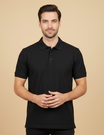Cotton Rich Solid Half Sleeve Polo T-Shirt - Black