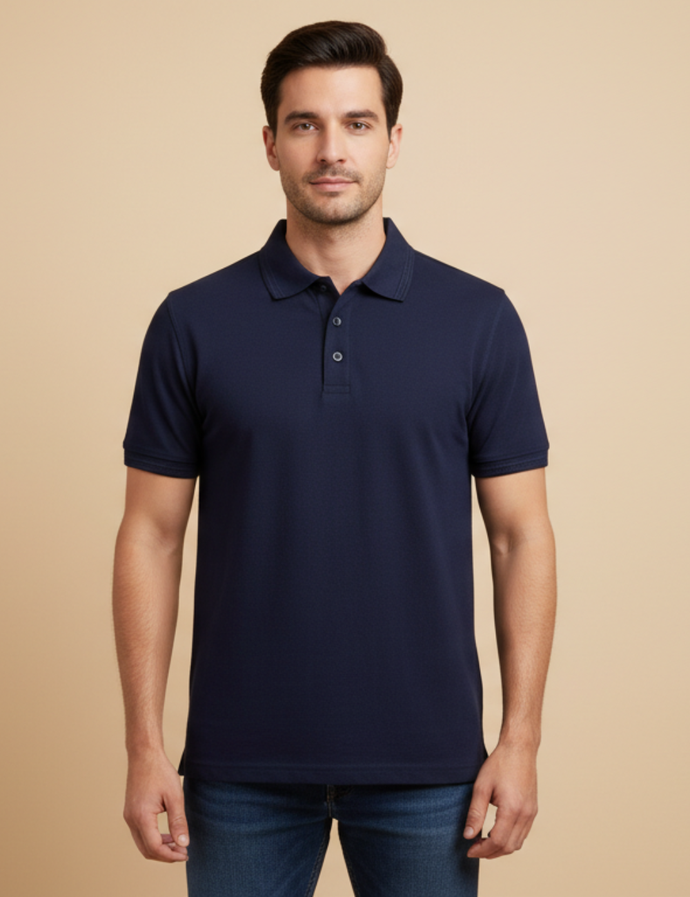 Cotton Rich Solid Half Sleeve Polo T-Shirt - Navy Blue